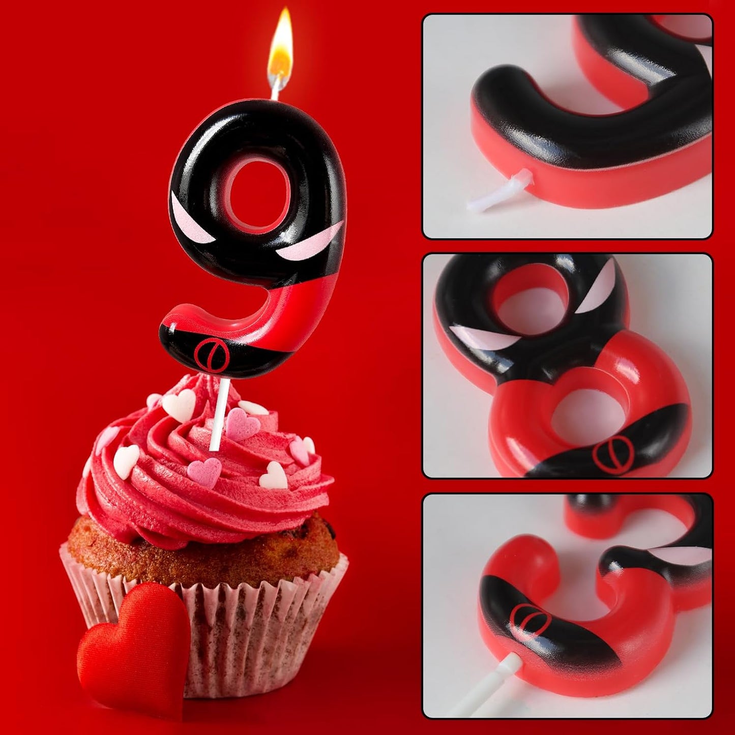 Black Red Mask Number 9 Birthday Candles - Comic Themed Cake Topper for Birthday Decorations Supplies, 9 Candle Party Favors (Number 9)