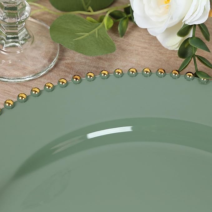 Efavormart 10-Pack Economy Plastic Charger Plates 13" Round Dusty Sage Green with Gold Beaded Rim - Stylish Dinner Party Serving Plates