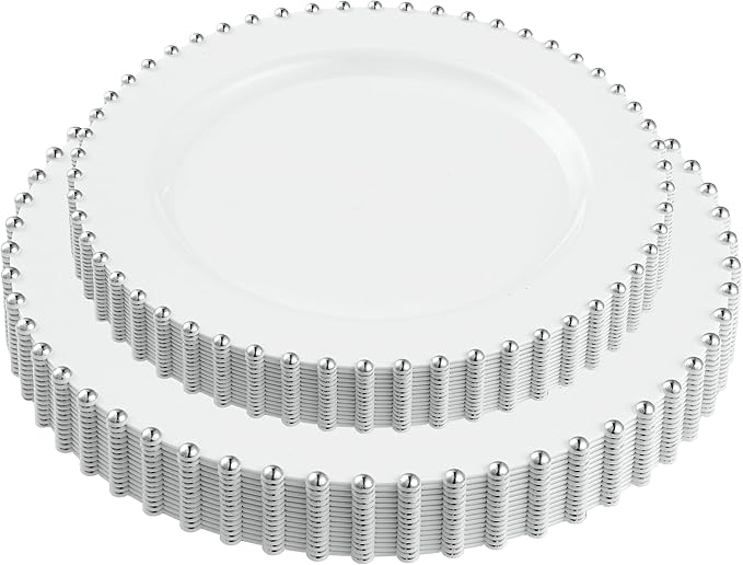 PLASTICPRO 32 Piece Combo Plastic Dinner Plates Disposable Plastic Fancy Heavy Duty Party Dishes 7 inch and 10 inch, White and Silver Beaded