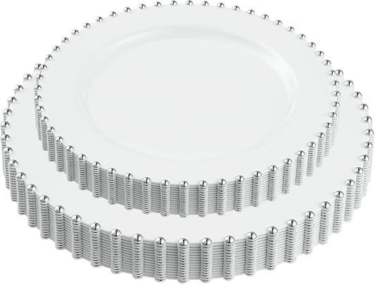 PLASTICPRO 32 Piece Combo Plastic Dinner Plates Disposable Plastic Fancy Heavy Duty Party Dishes 7 inch and 10 inch, White and Silver Beaded
