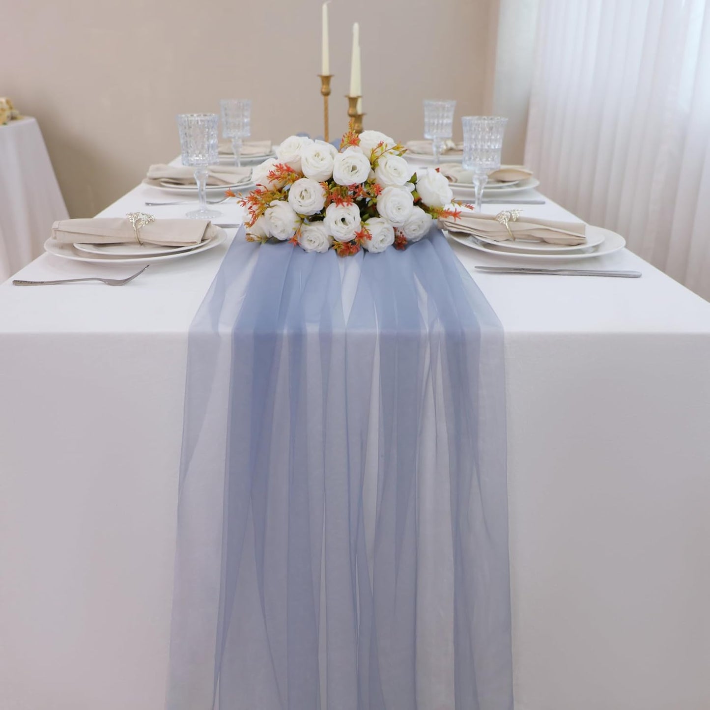 Snowkingdom Dusty Blue Table Runner, 10FT Blue Tulle Cheesecloth Gauze Sheer Boho Rustic Table Runner, Romantic Cheese Cloth for Wedding Party Decorations Christmas Baby Shower Home Decor 120 inch