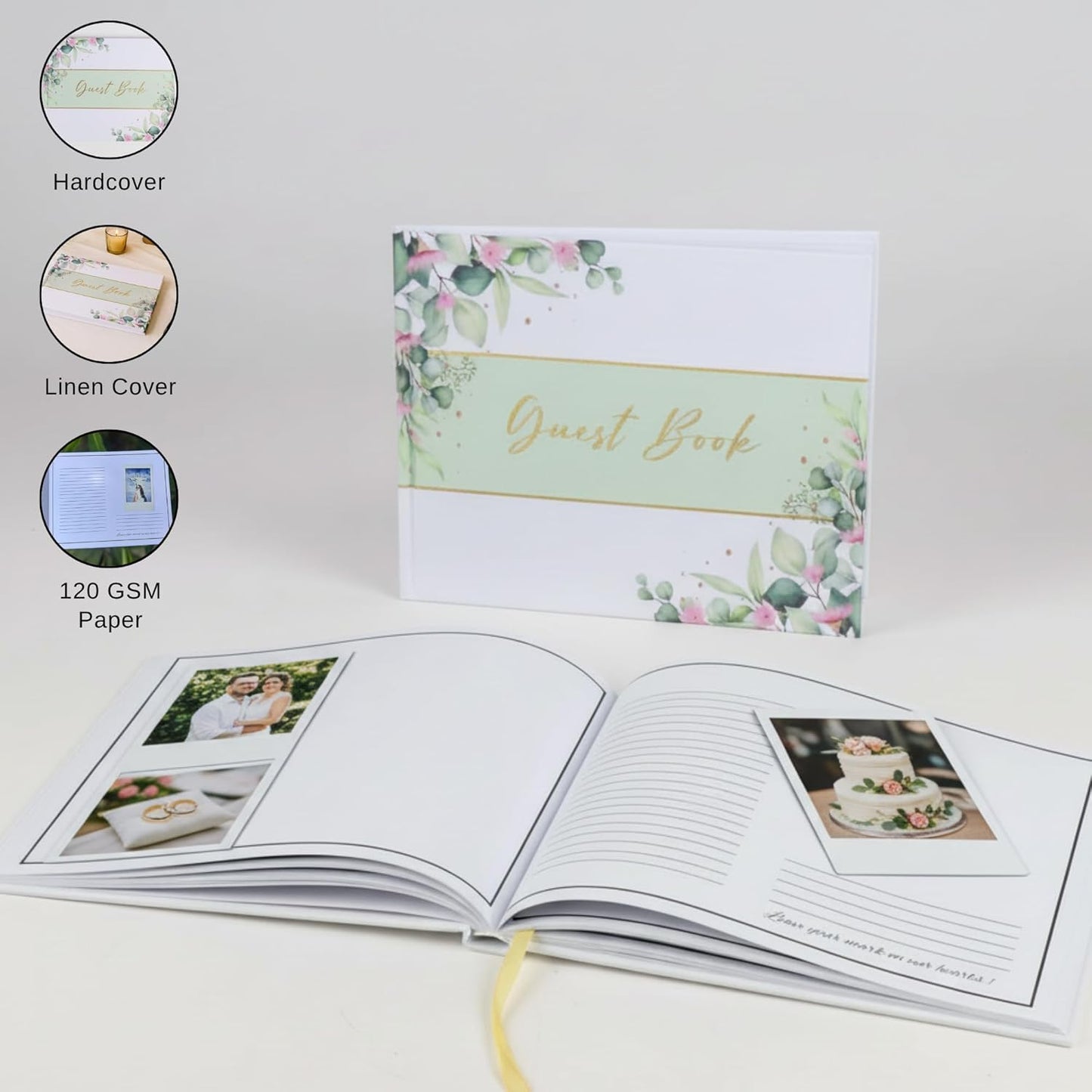 Wedding Guest Book with Polaroid Photo Slots – Linen Floral Hardcover Keepsake with 120 Thick Acid-Free Pages – Instant Photo Guest Book for Weddings, Showers & Special Events