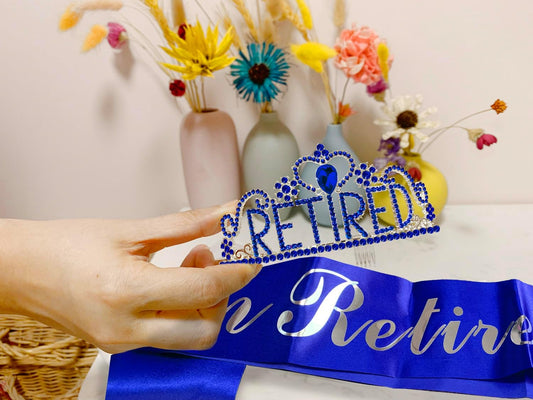JETKONG Retirement Party Decorations Retired Tiara/Crown, Retired Sash for Women Retirement Gifts, Retirement Party Supplies, Gifts, Favors (Dark Blue)