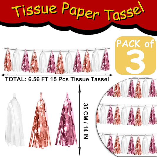 3P Rose-Gold Pink White Tassel Banner Garland Metallic Foil Fringe Banner Tinsel Tassels Streamer Banner Backdrop for Parade Floats, Graduation 2025, Wedding, Birthday, Retirement Party Decorations