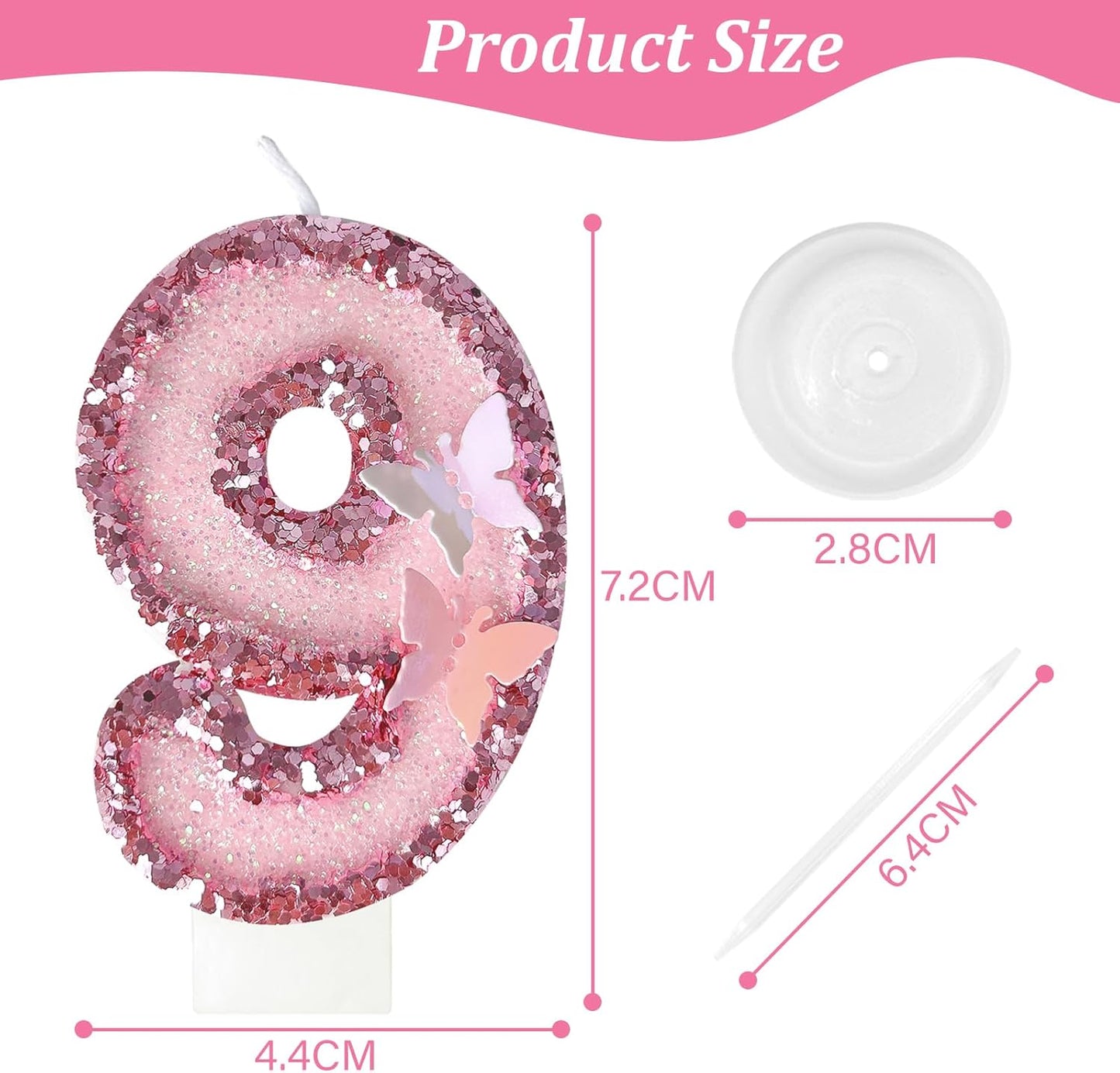 9th Birthday Candles，Glitter Butterfly Cake Toppers Pink Sequins Wedding Numeral Cupcake Decorations，Suitable for Girl and boy Wedding Cakes, Party Celebrations, Birthday Decorations