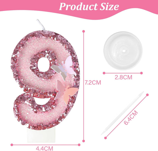 9th Birthday Candles，Glitter Butterfly Cake Toppers Pink Sequins Wedding Numeral Cupcake Decorations，Suitable for Girl and boy Wedding Cakes, Party Celebrations, Birthday Decorations