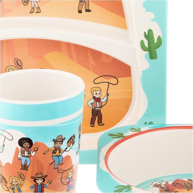 Western Cowboys Themed Kids Dinnerware - 5 Piece Set, Bamboo Fiber Plate, Bowl & Cup, Toddler Safe Utensils