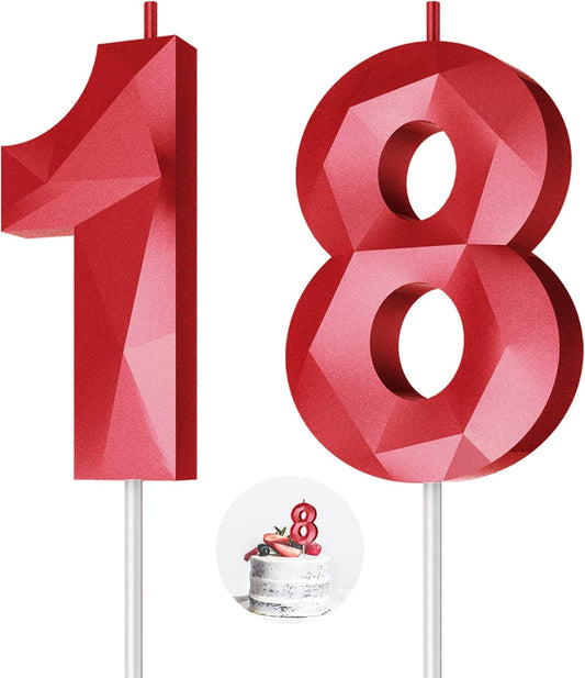 Number Birthday Candles(18 Candle Red) 3D Diamond Shape Number Happy Birthday Cake Candles for Birthday Party Wedding Decoration Reunions Theme Party