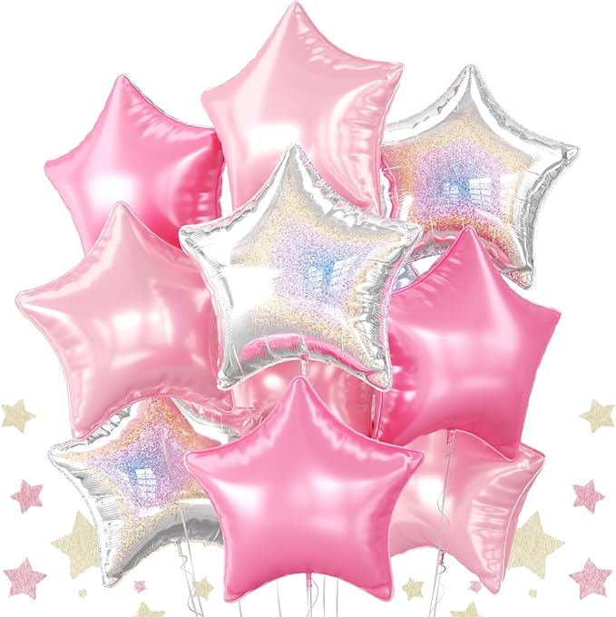 Pink and Silver Star Foil Balloons, 10PCS Pink Laser Silver Foil Stars Shape Balloon, 18 Inch Metallic Glitter Stars Balloons Helium for Girls Women Birthday, Princess, Anniversary Party Decoration