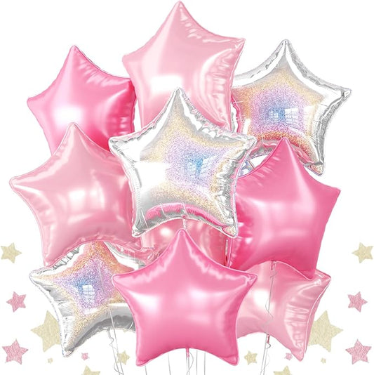 Pink and Silver Star Foil Balloons, 10PCS Pink Laser Silver Foil Stars Shape Balloon, 18 Inch Metallic Glitter Stars Balloons Helium for Girls Women Birthday, Princess, Anniversary Party Decoration