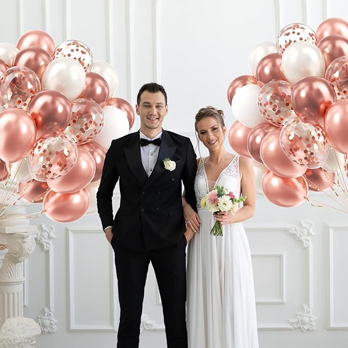 60pcs Rose Gold Balloons 12inch with Pearl White Rose Gold Confetti Balloons for Engagement Bridal Shower Wedding Birthday Party Decorations