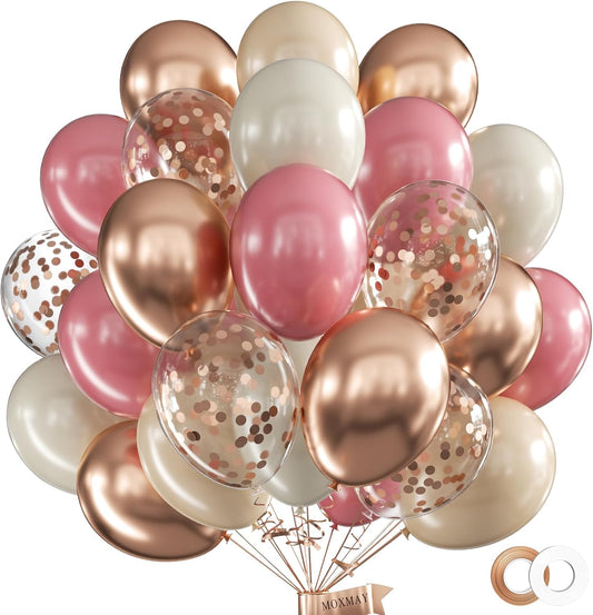 62Pcs 12Inch Vintage Pink Champagne Sand Nude Rose Gold Balloons Arch Kit, Pink and Rosegold Confetti Party Balloons with Ribbons for Birthday, Wedding, Baby Shower, Graduation Decorations