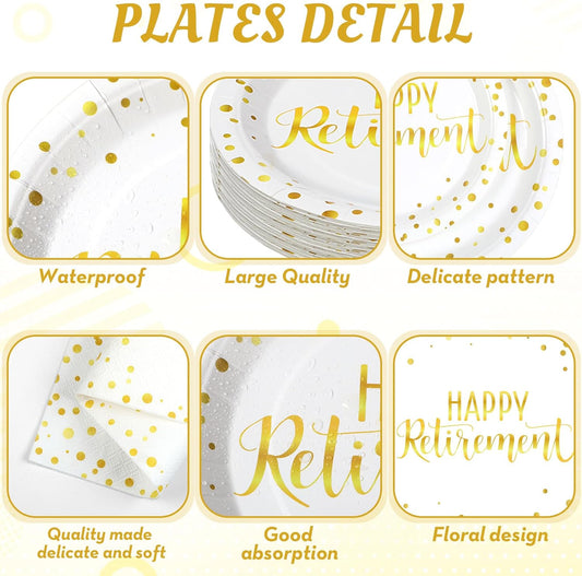 Pickmesh 192 Pcs Retirement Party Decorations Happy Retirement Paper Plates and Napkins Set with Cups and Knife Fork Spoon,Farewell Party Disposable Tableware for 24 Guest Women Men(White)