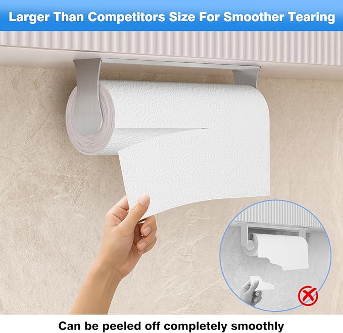 Paper Towel Holder Under Cabinet, Stainless Steel, Silver, Adhesive & Wall Mount, Under Counter Paper Towel Rack for Kitchen and Bathroom, Home and Kitchen Decor