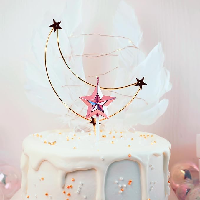 Saododku Birthday Candles, 5pcs Pink Birthday Candles for Cake, Star Shaped Sparkler Candles for Birthday Cake, Metallic Color Stereo Shaping Cake Candles Set