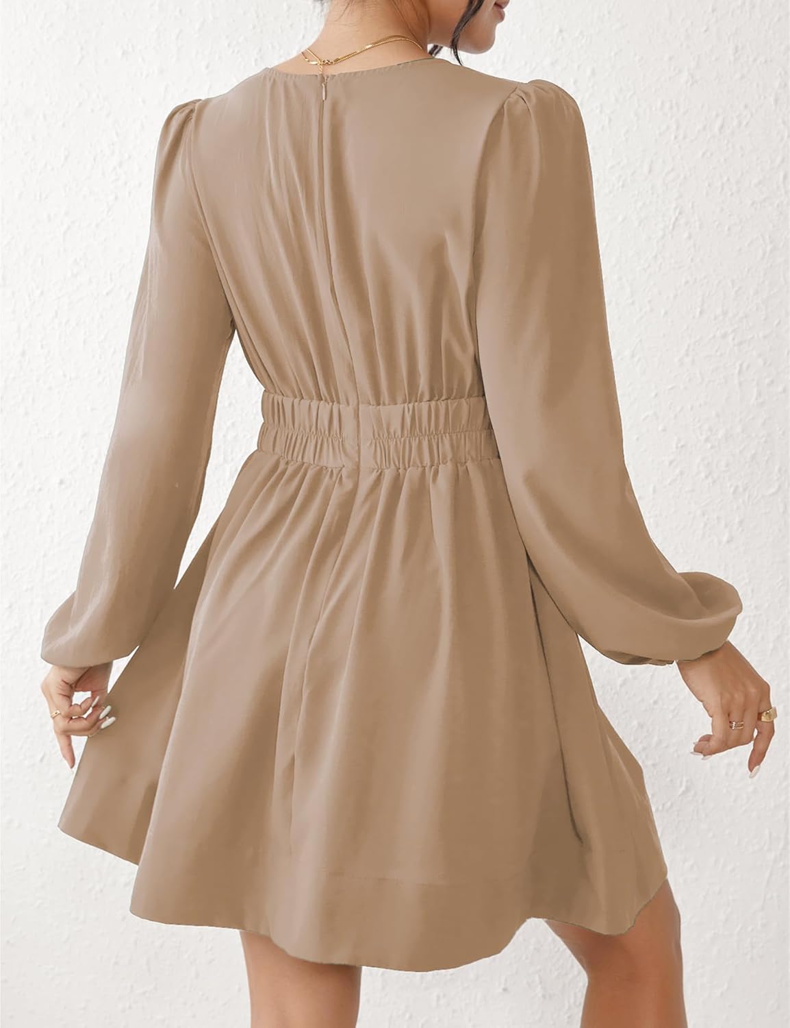 FAIABLE Mini Deep V Sexy Long Sleeve Dress for Women A-line High Waisted Casual Flowy Dress for Cocktail Wedding Guest