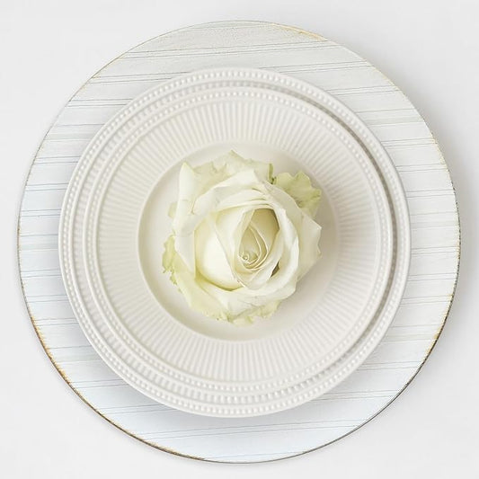 13" Antique Charger Plates, Stripe Pattern White Charger Plate Set of 6, Round Server Ware Chargers for Dinner Plate, Reusable Bulk Table Setting for Party or Event
