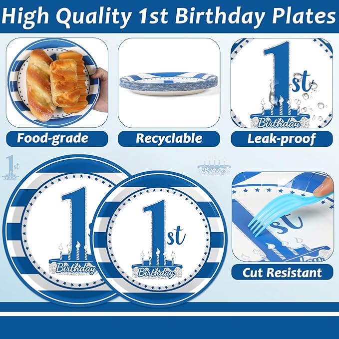 96Pcs Baby First Birthday Party Supplies Boy 1st Birthday Paper Plates Napkins Nautical Blue One Party Decorations Baby Show One Year Old Dinnerware Favor Tableware Serves 24
