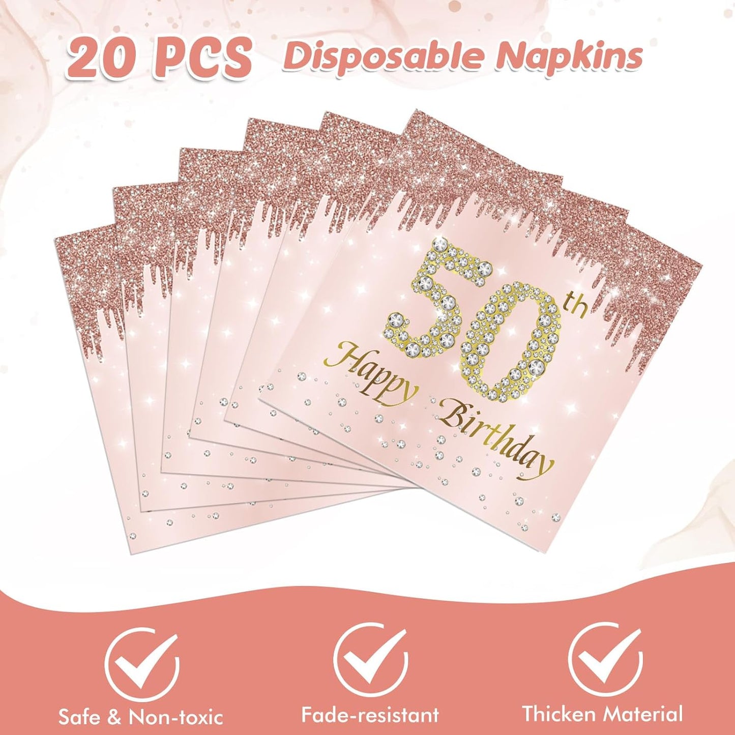 50th Birthday Decorations for Women, Rose Gold Fifty Year Old Party Supplies Include 20 Plates 20 Napkins, Pink 50 Aged Birthday Party Tableware