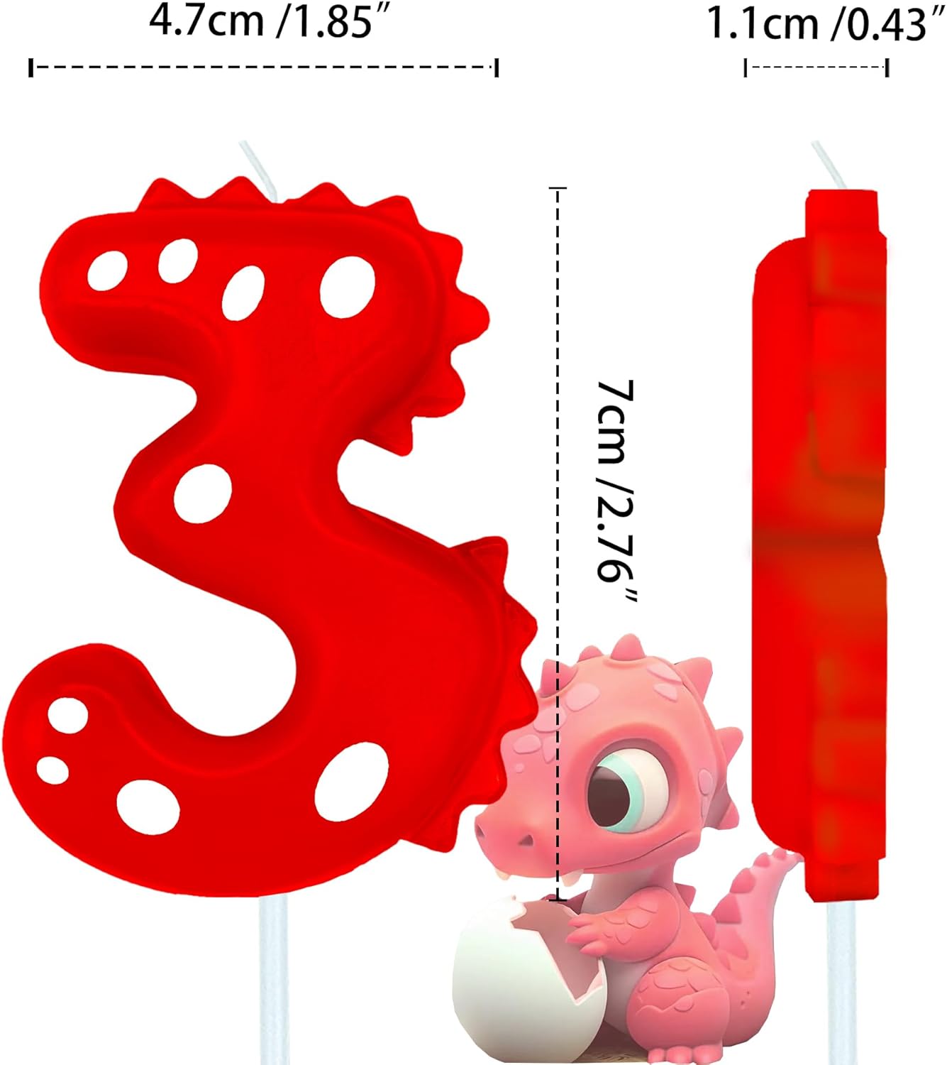 Number Birthday Candles(3 Candle Red) Dinosaur Shape Number Happy Birthday Cake Candles for Dinosaur Birthday Party Decoration Reunions Theme Party