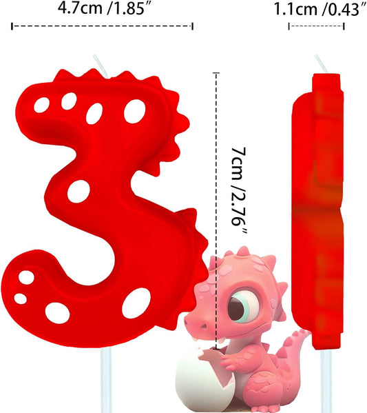Number Birthday Candles(3 Candle Red) Dinosaur Shape Number Happy Birthday Cake Candles for Dinosaur Birthday Party Decoration Reunions Theme Party