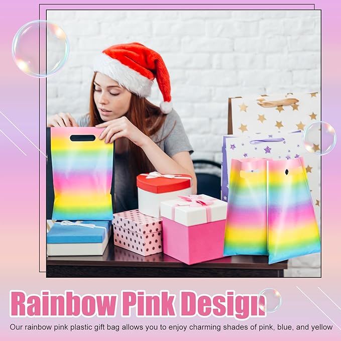 Epakh 100 Pcs Pastel Rainbow Gift Bags Bulk Plastic Summer Party favor Bags with Handles Colorful Candy Treat Goody Packing for Birthday Baby Shower Party Supplies