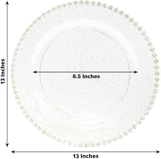 Efavormart 10-Pack Economy Plastic Charger Plates 13" Round Clear/Gold Glitter with Beaded Rim - Stylish Dinner Party Serving Plates