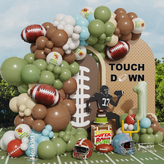 140Pcs Football Balloon Garland Arch Kit, Retro Green Blue Brown Balloons with Football Foil Balloon for Super Bowl Sport Theme Touch Down Rugby 1st Birthday Party Decorations