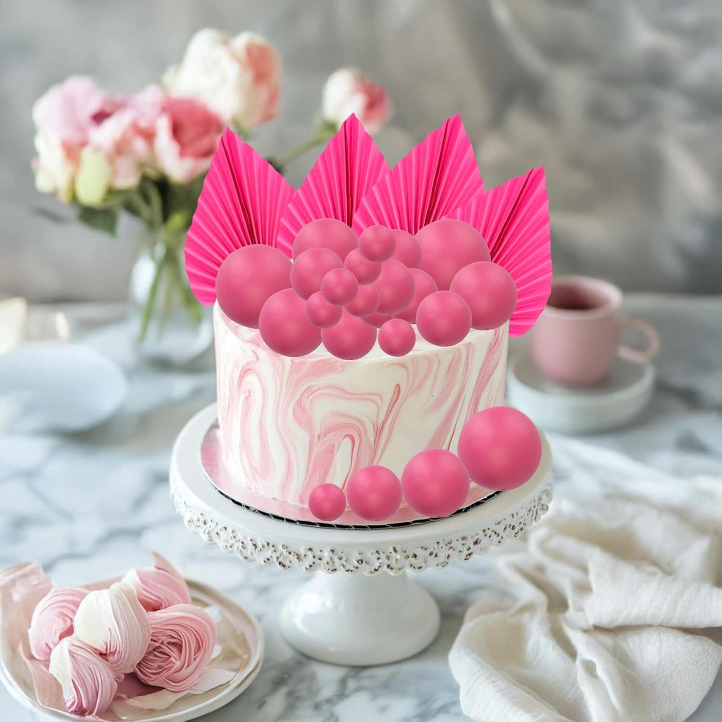 Ephlyn 28Pcs Paper Palm Fan Cake Topper Balls Cake Pick Wedding Bridal Shower DIY Cake Decorations for Baby Shower Wedding Birthday Anniversary Party Supplies Rose Red