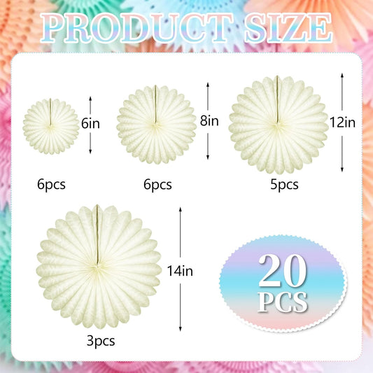 20 Pcs Ivory White Hanging Paper Fan, Round Paper Fans Decorations Set for Weddings, Birthdays, Engagement, Bridal Shower, Baby Shower Event, Graduation, Party Supplies Decor