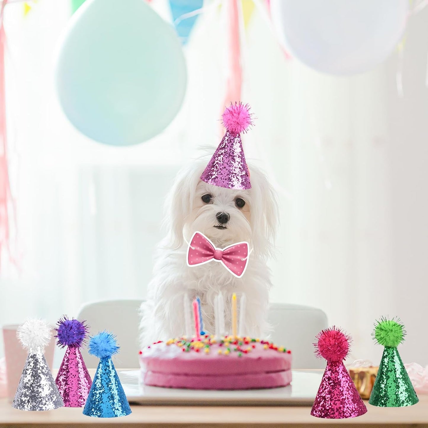 delaimastor Mini Party Hats with Bow Tie for Stuffed Animals, 10 Pack, Reusable Cone Hats with Pom Poms, Birthday Cake Toppers