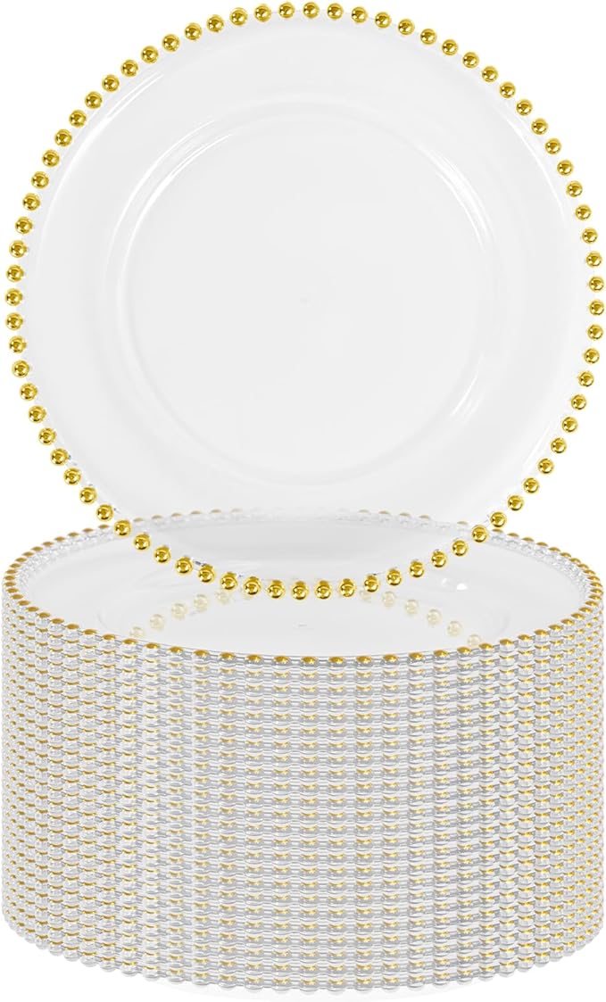 24 PCS Clear Round Charger Plates with Beaded Rim, 13 Inch Plastic Acrylic Plate, Plastic Round Beaded Dinner Decorative Service Plates for Wedding Party Event, Home Kitchen Tabletop(Gold)