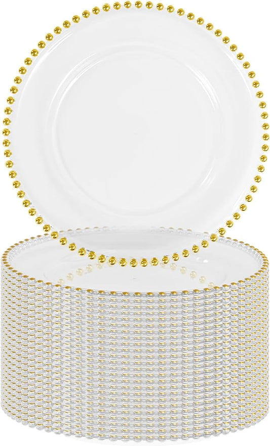 24 PCS Clear Round Charger Plates with Beaded Rim, 13 Inch Plastic Acrylic Plate, Plastic Round Beaded Dinner Decorative Service Plates for Wedding Party Event, Home Kitchen Tabletop(Gold)