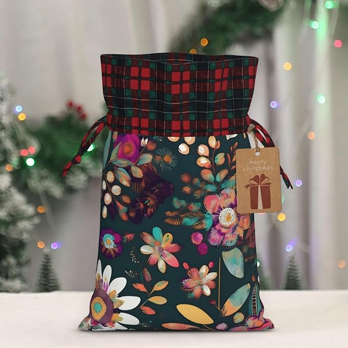 PULaif Colorful Boho Floral Christmas Drawstring Gift Bags, Large Size Christmas Bags For Gifts Party Favors, Xmas Gift Bags