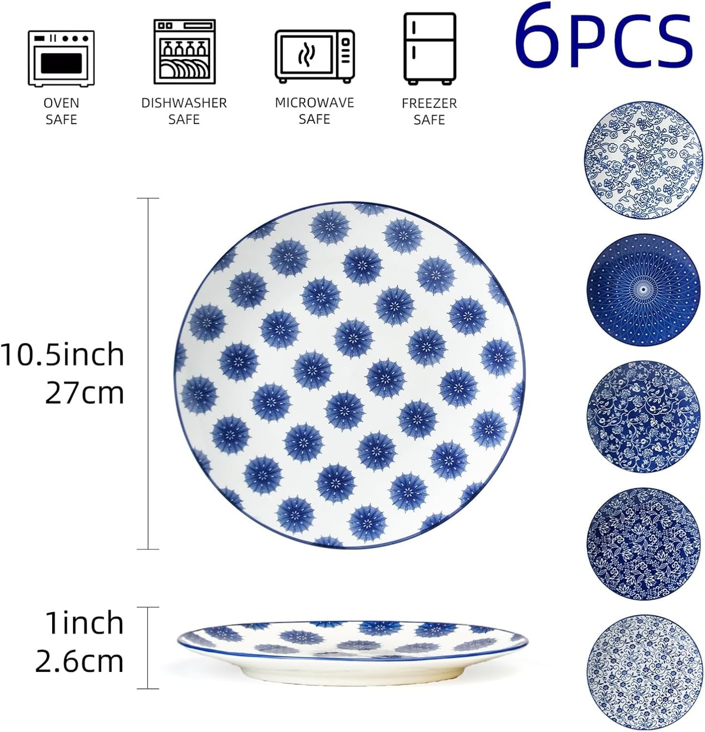 Ceramic Dinner Plates Set - 10.5 Inch Large Kitchen Porcelain Salad Serving - Scratch Resistant Microwave Oven Dishwasher Safe - Dishes for Pizza Pancakes Pasta Steak - Set of 6 - Vintage Blue