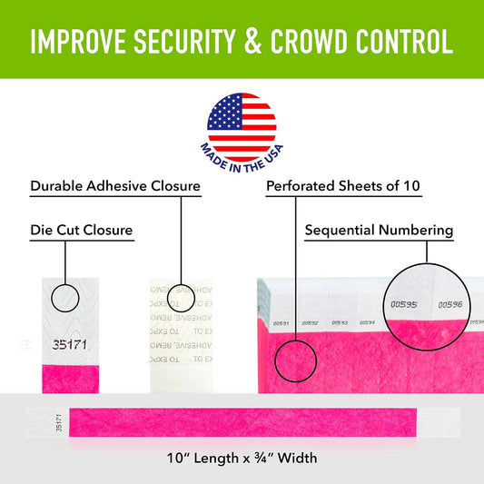 1,200 WristCo Neon Pink Tyvek Wristbands for Events - Tamper-Proof Design & Fluorescent Color Prevent Reuse Premium-Grade Bracelets for Hospital & Medical ID, Party & VIP Identification