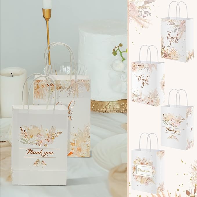 16 Pieces Thank You Gift Bags Floral Design 6 x 3 x 8 inches Flower Small Paper Bags with Handles Boho Favor Bags for Business Shopping Boutique Clothing Birthday Wedding Graduation Favors