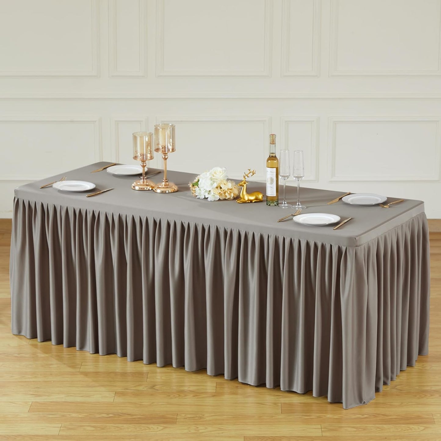 Natural Polyester Table Clothes for 4 Foot Rectangle Tables, Wrinkle Free Fitted Table Cover with Pleated Ruffle Table Skirt for Birthday Party Wedding Trade Show Event Display