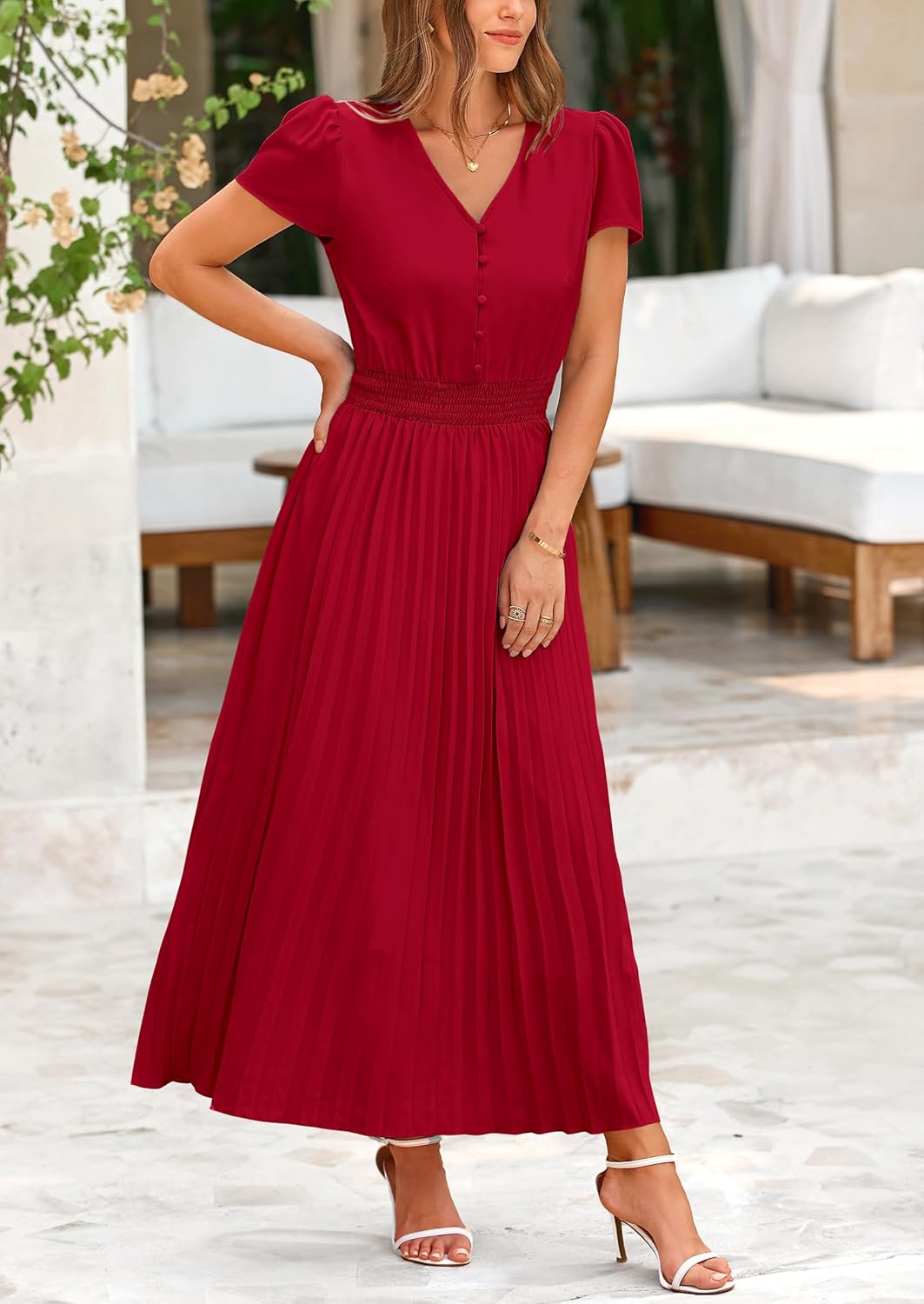 PRETTYGARDEN Women's Maxi Dresses 2025 Summer Trendy Cap Short Sleeve Button V Neck Casual Flowy Pleated Long Dress