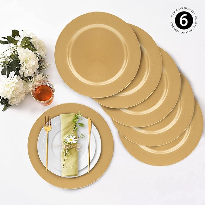 MAONAME Gold Charger Plates Set of 6, 13-Inch Round Plate Chargers for Dinner Plate, Plastic Table Chargers for Wedding Decor, Party