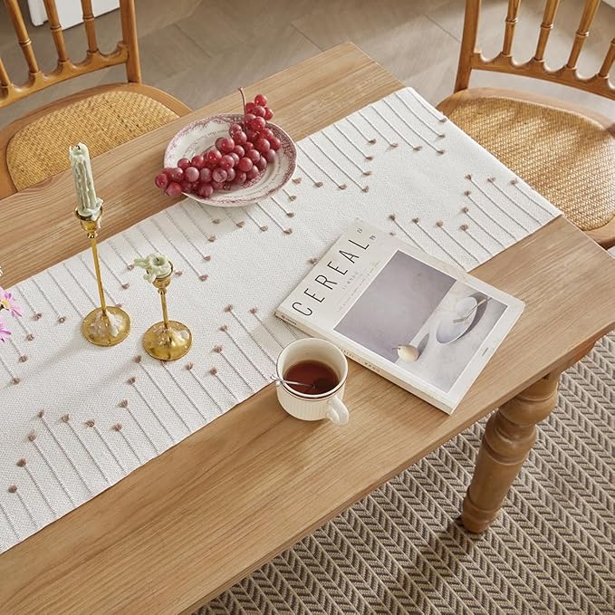Wracra Boho Table Runner, Natural Cotton Woven Macrame Table Runners 60 Inches Long for Modern Farmhouse Woven Home Decor, 14x60 Inch, Taupe