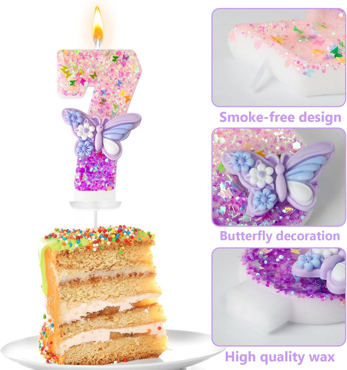 HXOUSE Butterfly Number 7 Birthday Candles - Pink & Purple Butterfly Birthday Candles for Cake, 7 Candle Topper for Anniversary Celebrations Supplies, Fairy Party Decorations for Girl (Number 7)