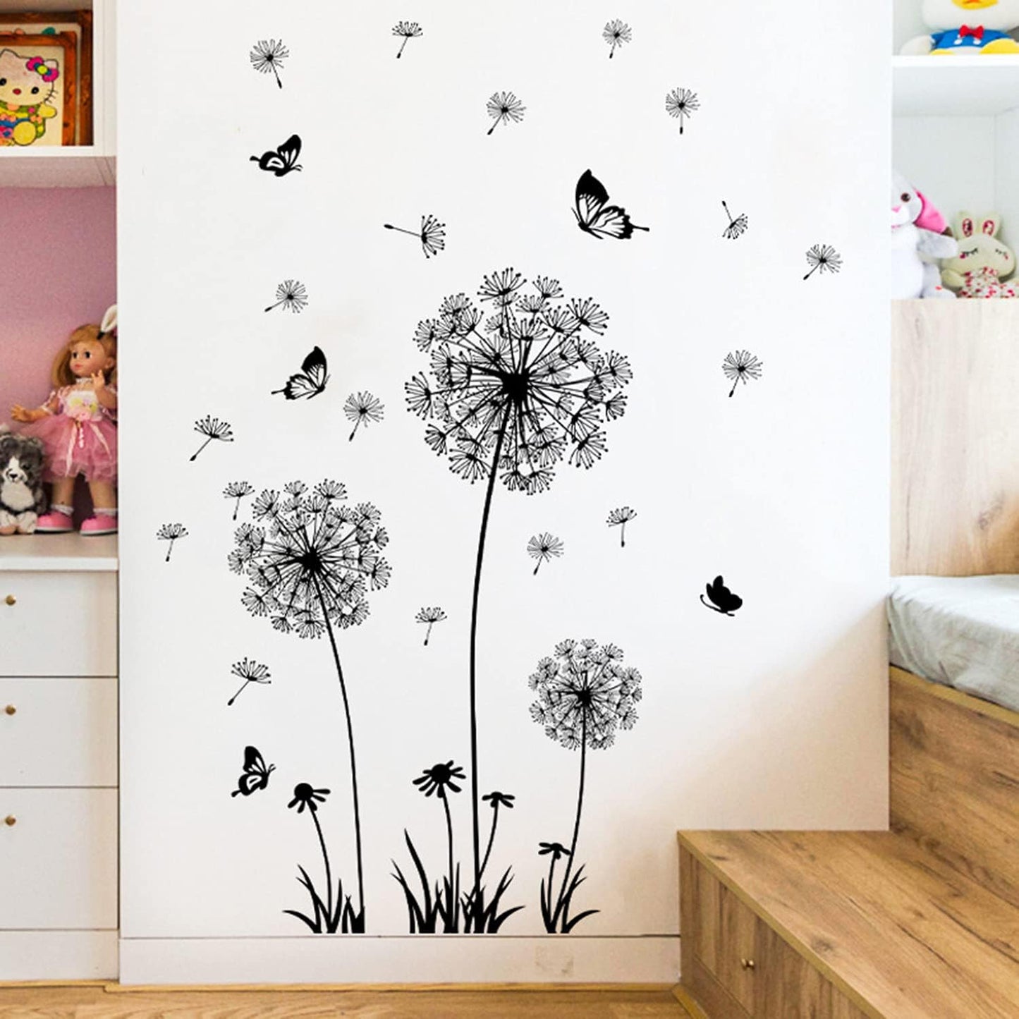 2 Set Dandelion Wall Decals, Flower Stickers, Murals With Butterflies for Bedroom, Office, Bathroom, Living Room - Removable Floral Peel and Stick Art Decoration