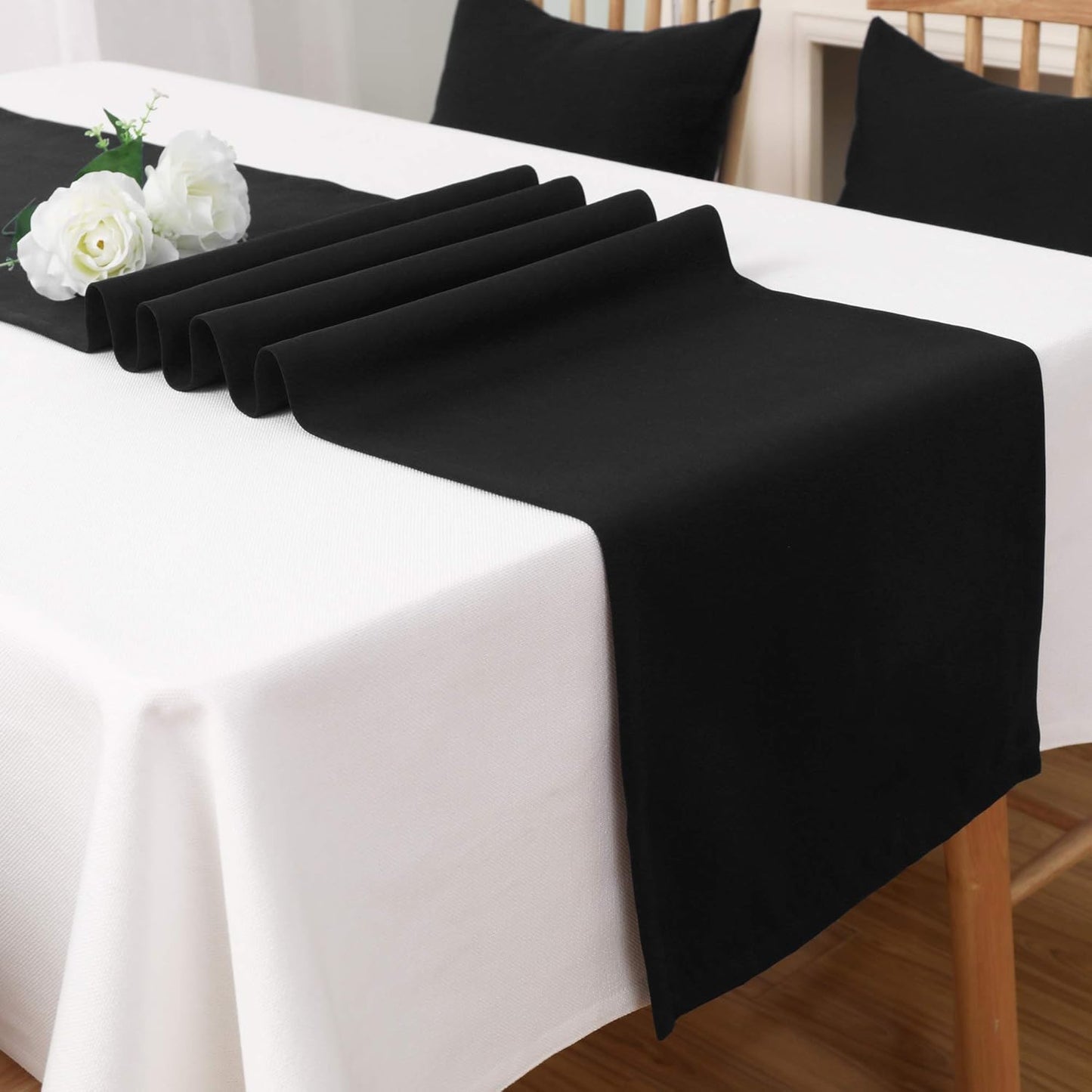 DUALIFE Jet Black Table Runner 14x108 inch Solid Color Thick Polyester Decorative Cloth Handcrafted for Wedding Party Birthday Graduations Banquet,Restaurant & Outdoors 2 Pieces