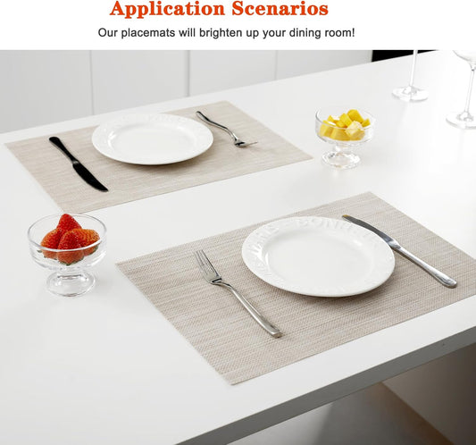 Placemats Set of 6,Washable,Heat and Stain Resistant Indoor/Outdoor Place mats,Vinyl Woven Non Slip Table Mats for Restaurant Table Protection,PVC Placemats(Beige White,6PCS)