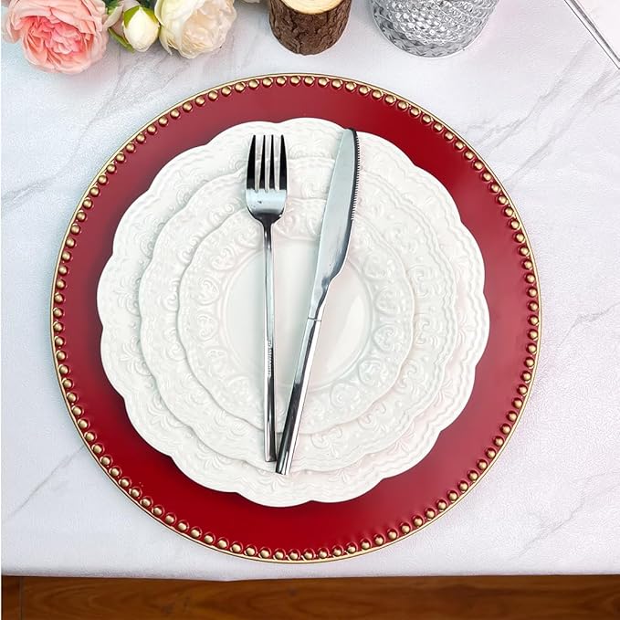 Red Charger Plates with Beaded Rim, 13" Round Charger for Dinner Plates, Set of 6 Plastic Plate Chargers for Wedding, Thanksgivng, Christmas.