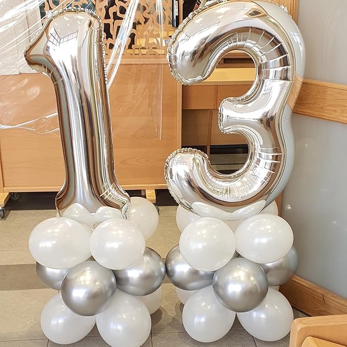 Silver Number 13 Balloon 40 inch, 13 Number Balloons, 13th Silver Birthday Decorations for Girls Boys Kids, 13 Year Old Silver Party Supplies