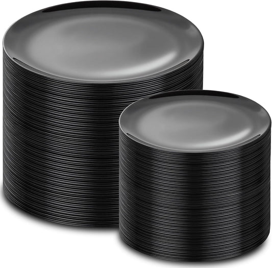PULOTE 200PCS Black Plastic Plates - Heavy Duty Black Disposable Include 100 Each (10 inch Dinner & 7 inch Dessert) Plates, Disposable for Party, Birthday & New Year