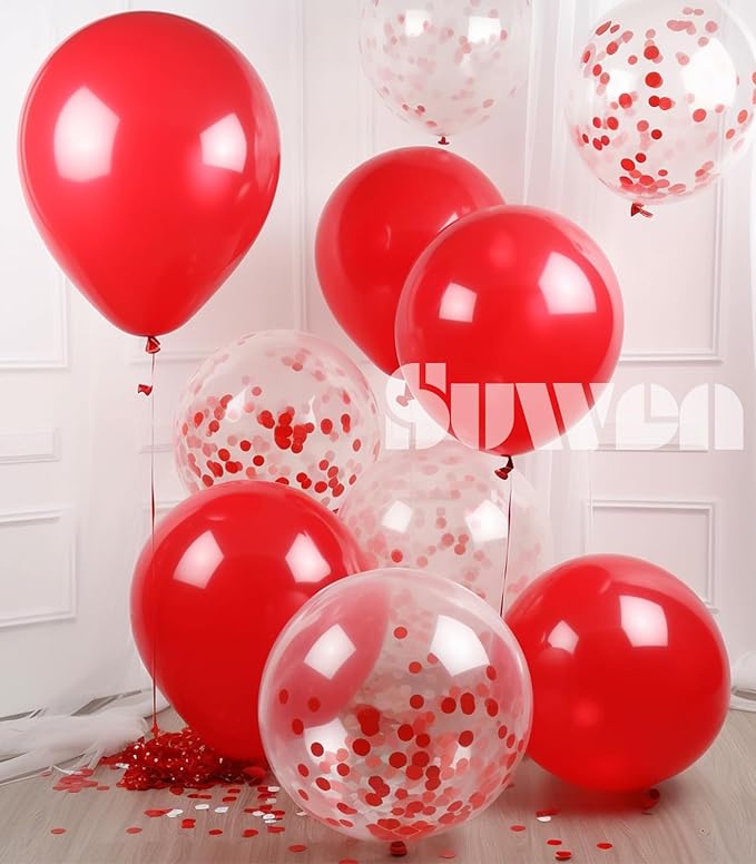 SUWEN Red Balloons and Confetti Balloons Set 47PCS Shiny Latex Helium Red Balloon for Birthday Valentine Mother's Day Anniversary Party Decorations