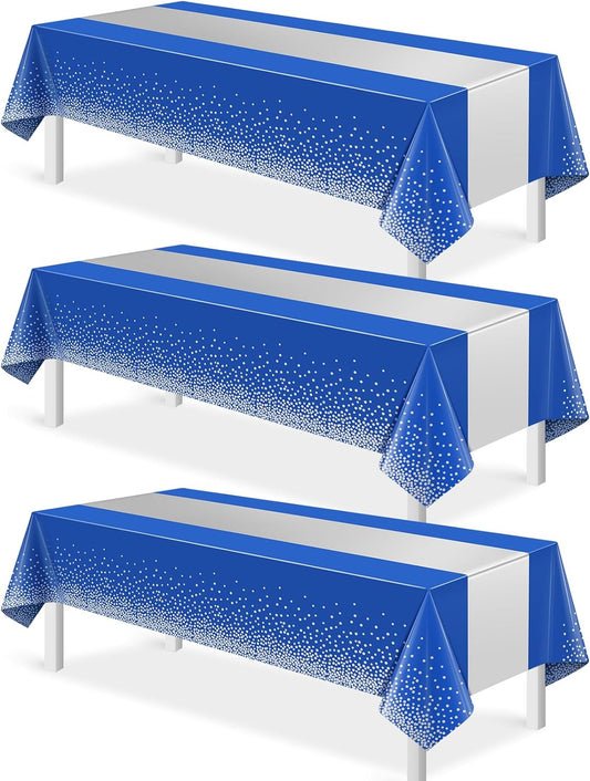 3Pcs Blue and Silver Tablecloth Party Decorations,Plastic Royal Blue Table Cloth Printed Silver Table Runner Disposable Rectangle Tables Cover for Anniversary Wedding Graduation 2025 Party,54x108 Inch